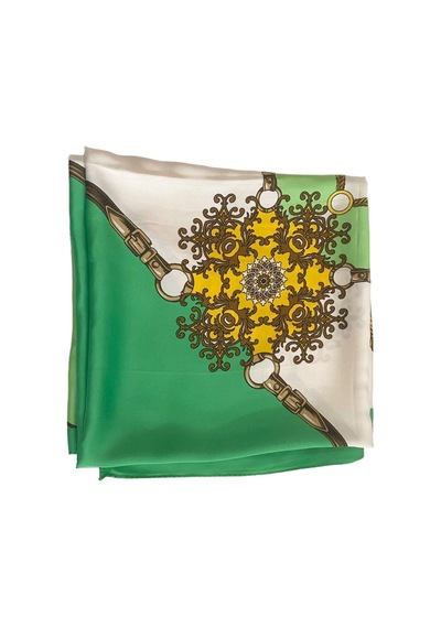Tikitonki Otantik Desenli Saten Fıstık Yeşili Eşarp - 90x90 Yeşil Yeşil