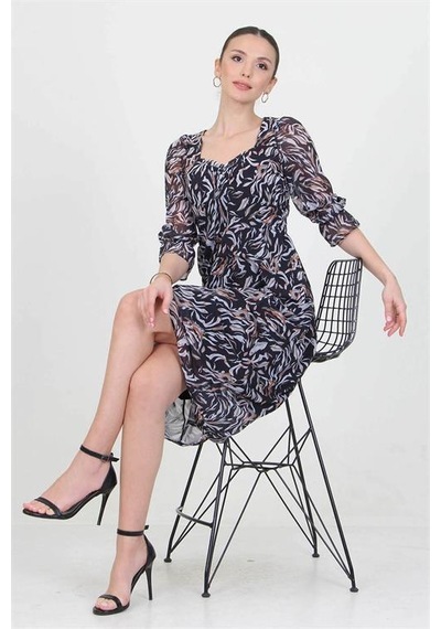 Neşeli Butik Kadın Siyah Kalp Yaka Yeni Sezon Desenli Şifon Elbise Ry0030 Siyah