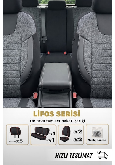 Lifos Hafif Ticari Serisi Koton Kumaş Oto Koltuk Kılıfı Tam Set Berlıngo-caddy-connect-courıer-doblo-dokker-partner Gri