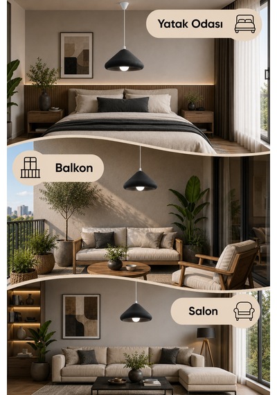 Üçgen Bohem Sarkıt Avize, Beton Dokulu Modern, Balkon, Salon, Yatak Odası, E27 Duy, 25 Cm - Siyah