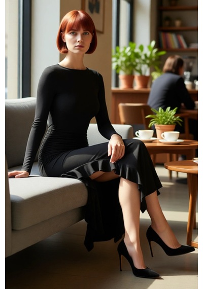 Ersefa Kadın Uzun Kollu Kayık Yaka Eteği Fırfırlı Bodycon Maxi Elbise Mo Siyah