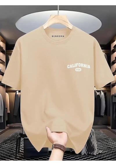 Calıfornia Usa Baskılı Oversize Tişört Bej