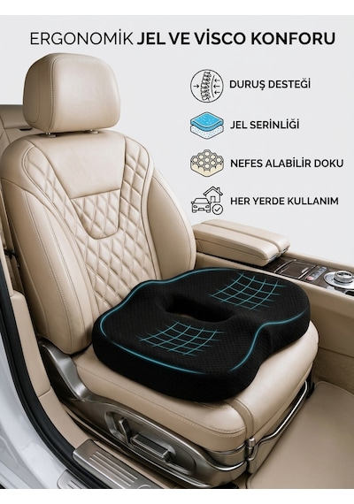 Yeni Nesil Visco Ortopedik Ergonomik Kaymaz Taban Terlemez Hemoroıd Oturma Simidi Minderi Omurga Sağlığını Destekler Ve Oturma Baskısını Azaltır Siyah