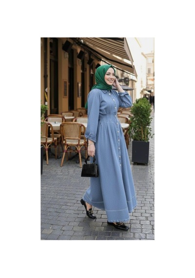 Hb Harma Time Butik Kadın Beli Büzgülü Düğmeli Kot Mavi Elbise Mavi Mavi