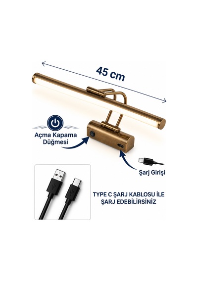Flüt Aplik / 45cm / Şarjlı Led Aplik / Type-c Usb Kablosuz Duvar Lambası 8w Gün Işığı 3000k Kahverengi - Eskitme