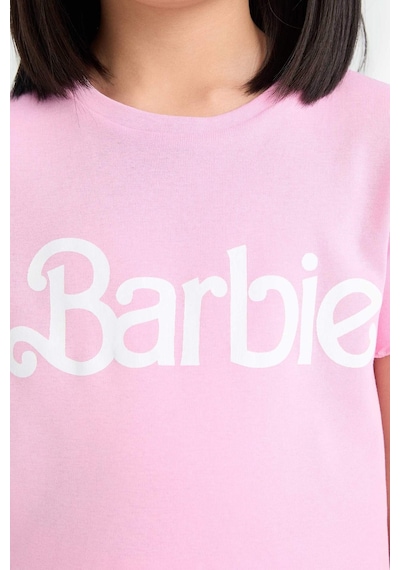 DeFacto Kız Çocuk Barbie Fitted Bisiklet Yaka Ribana Kısa Kollu Tişört E2614A825SMPN666 Pembe