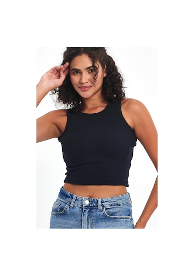 Comeor Kadın Lacivert Fitilli Görünümlü Askılı Kalın Esnek Örme Basic Crop Atlet Bluz Cmrb93