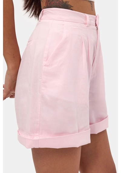 it's basic Kadın Pembe 6s6-98 Mom Relax Fit Organik Keten Kumaş Şort