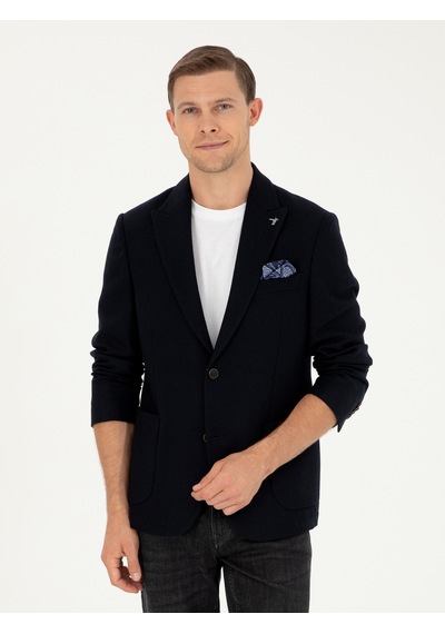 Cacharel Lacivert Slim Fit Yün Karışımlı Blazer Ceket