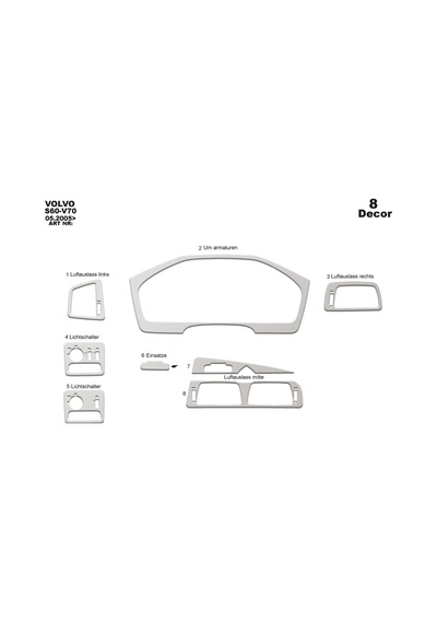 Volvo S60 / V70 Uyumlu Torpido Kaplama 2005-2009 8 Parça Alüminyum