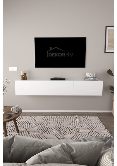 Df17103 Dolaplı Duvara Monte Tv Ünitesi 180 Cm Modern Askılı Dekoratif Stil Tv Sehpası Beyaz