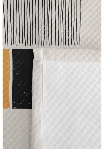 Geometrik Çizgili Sarı Genç Odası Tek Kişilik Pike Takımı - Siyah 160x220 Cm Kapitone Yatak Örtüsü Keten Köy Anısı