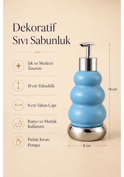 Trıo Dekoratif Premium 3 Boğumlu Sıvı Sabunluk 300 Ml Krom Görünümlü Pompalı Pastel Yeşil Banyo Ve Mutfak Sabun Dispenseri - 18,5 Cm X 7 Cm Mavi