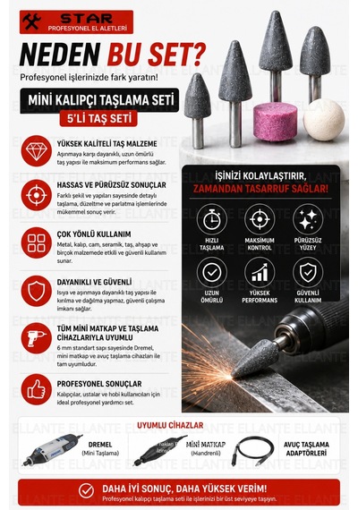 Mini Kalıpçı Taşlama Seti 5'li Taş Seti Metal, Cam, Seramik Ve Taş İçin Hassas Taşlama 6 Mm Sapl