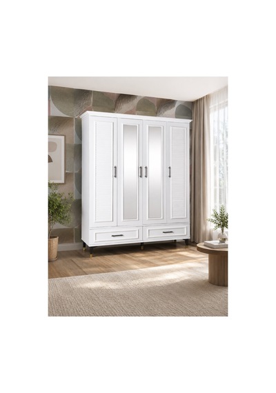 Familieconcept Barlas 4 Kapaklı 2 Çekmeceli Gardrop Elbise Dolabı Beyaz