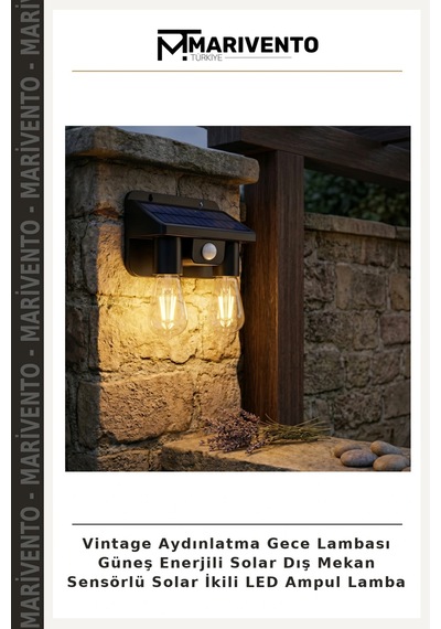 Vintage Aydınlatma Gece Lambası Güneş Enerjili Solar Dış Mekan Sensörlü Solar İkili Led Ampul Lamba