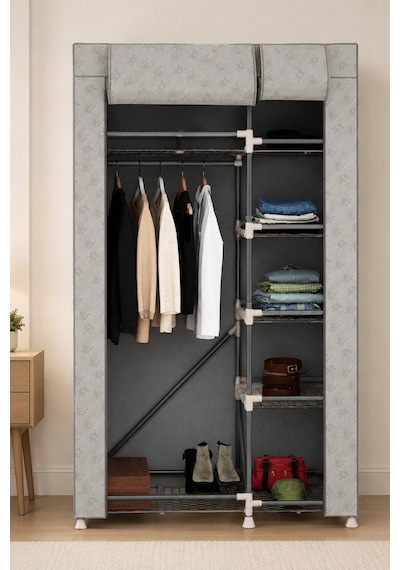 Perilla 63005 Porty Bez Gardırop 99x50x151 Cm Raflı Ve Askılı Kumaş Elbise Dolabı Beyaz