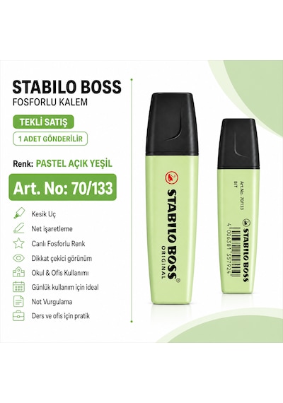 Boss Fosforlu Kalem 1 Adet Metin İşaretleme Kalemi Pastel Açık Yeşil