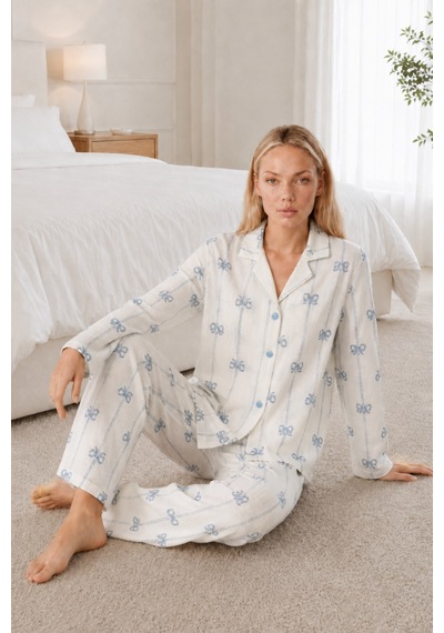 Kadın Desenli Relaxed Beyaz Pijama Takımı 4661