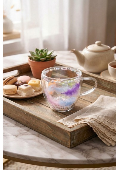 Makri Home Boncuklu Tüylü Çift Cidarlı Cam Kupa, 350 Ml, 11 Cm X 8 Cm Çok Renkli