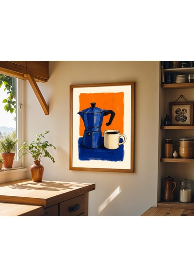 Moka Pot Kahve Sanat Baskıları Mavi Ve Turuncu İtalyan Espresso Seti 2 Adet