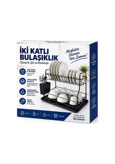 Siyah - Metal 2 Katlı Tabaklık - Bulaşıklık 5616