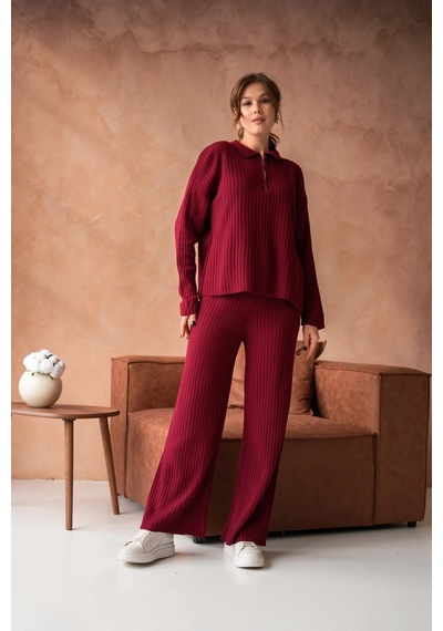 Park Karon Kadın Bordo Polo Yaka Oversize Kazak Pantolon Triko Alt-üst Takım 10955 Bordo