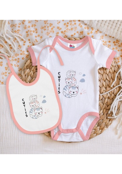 Bk Kids Cuties Tasarımlı Pembe Bebek Body Zıbın Ve Mama Önlüğü He Çok Renkli