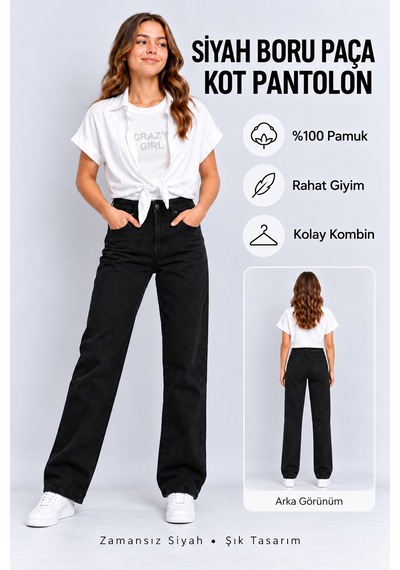 Ahengim Siyah Boru Paça Kız Kot Pantolon Ak2819