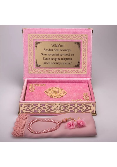 Şal + Tesbih + Kuran Hediye Seti Orta Boy, Şemslafzatullah, Gold Pleksi, Raşel Kutu, Bebe Pembe