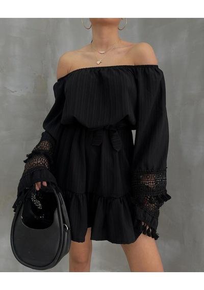 Fashion Cocktail Ekstra Uzun Kollu Çift Kat Dantel Işleme Madonna Yaka Düşük Omuz Kemerli Doğal Bohem Yazlık Elbise Siyah Fashion Cocktail Ekstra Uzun Kollu Çift Kat Dantel Işleme Madonna Yaka Düşük Omuz Kemerli Doğal Bohem Yazlık Elbise Siyah