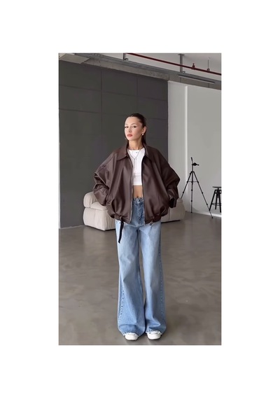 Belizmod Oversize Kemerli Bomber Deri Ceket Kahverengi Kahverengi