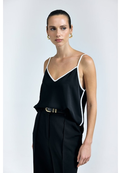 Sateen Kontrast Askılı Bluz - Siyah-137317
