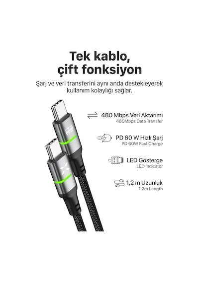 Xenon Smart Type C Hızlı Şarj Kablosu Type-c To Type-c, 60w, 480 Mbps, 1.2m, Pd, Örgü, Led Gösterge X6421
