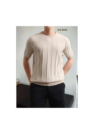Tarz Cool Erkek Slim Dar Bisiklet Yaka Düz Triko T-shirt Vizon