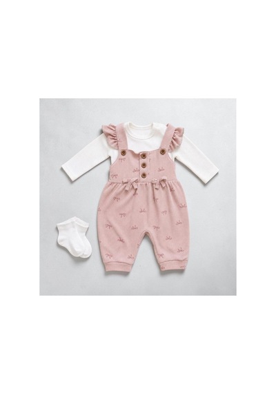 Altıntaş Baby Kız Bebek Fiyonk Desenli Somon Salopet Ve Uzun Kollu Body Takım Somon Somon