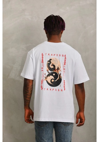 Oversize Baskılı Bisiklet Yaka T-shirt - Beyaz -