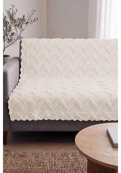 Şönil Koltuk Örtüsü 175x210 Cm Zikzak Desenli Sakallı Çekyat Örtüsü Ekru Ekru