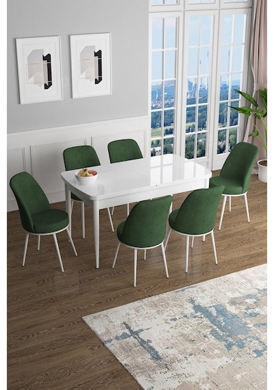 Canisa Concept Han Serisi 70x114, Açılabilir Mdf Mutfak Masa Takımı, Beyaz Masa Ve 6 Haki Yeşil Sandalye Masa Beyaz Sandalyeler Haki Yeşili
