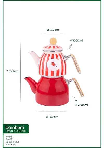 Bambum Unique Bambu Kulplu Emaye Çaydanlık Takımı Bird 7760 Kırmızı