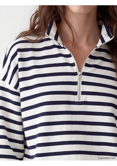 Lcw Modest Lacivert Çizgili Kadın Kalın Sweatshirt Tunik