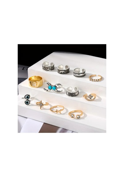 Morva 12 Adet Turkuaz Taşlı Vintage Çoklu Ayarlanabilir Gold Silver Ayak Parmak Yüzük Seti Altın
