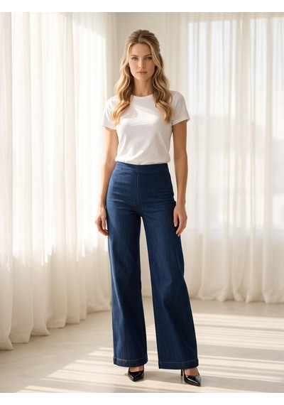 Nealirsanall.com Yüksek Bel Beli Lastikli Geniş Paça Kadın Jean Pantolon Siyah