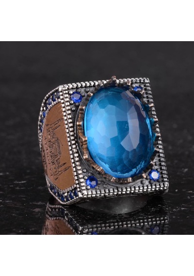 925 Ayar Gümüş İslami Yüzük, Yapay Taş Yüzük, El Yapımı Hat Yazılı Yüzük Yapay Mavi Topaz Gümüş