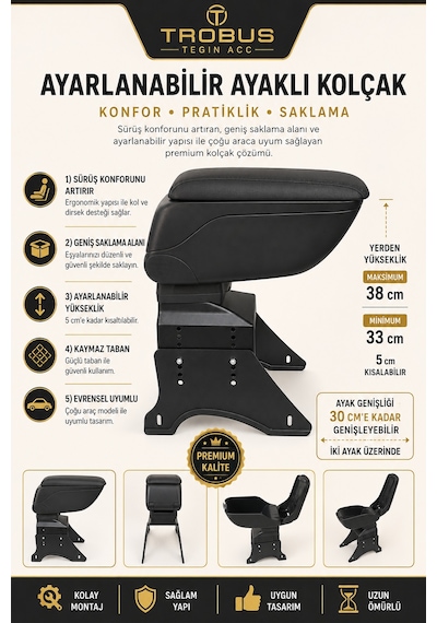 Trobus Ford Focus 3 2011-2018 Uyumlu Siyah Ayaklı Sürgülü Kolçak Ayarlanabilir Yükseklikli