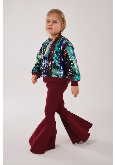 My Kids Wear Kız Çocuk Bayramlık Payetli Ceket & İspanyol Paça Tayt Takımı 12476 Bordo