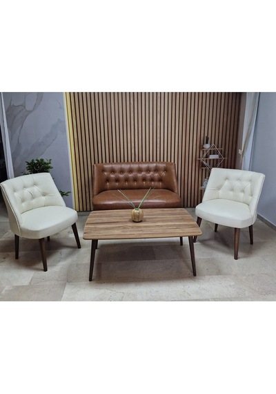 Azra Mobilya Deri Çay Seti Koltuk Takımı + Sehpa - Oturma Grubu - Cafe Mobilya - Ofis Mobilya - Balkon Mobilya Taba-krem