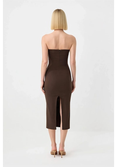 Benerly Kadın Straplez Bodycon Maxi Elbise Kolsuz Derin Yırtmaçlı Poplin Kahverengi