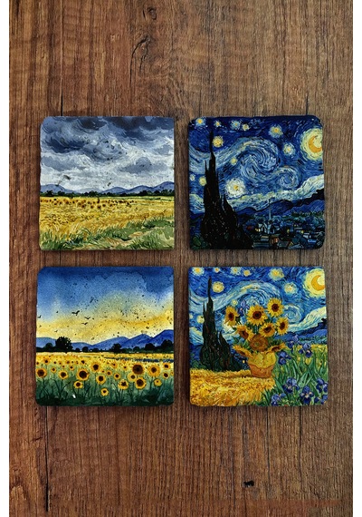 Doğal Taş Bardak Altlığı - Van Gogh Aı Eserleri Baskılı 10x10cm Yapay Zeka Stone Coasters 482 Çok Renkli