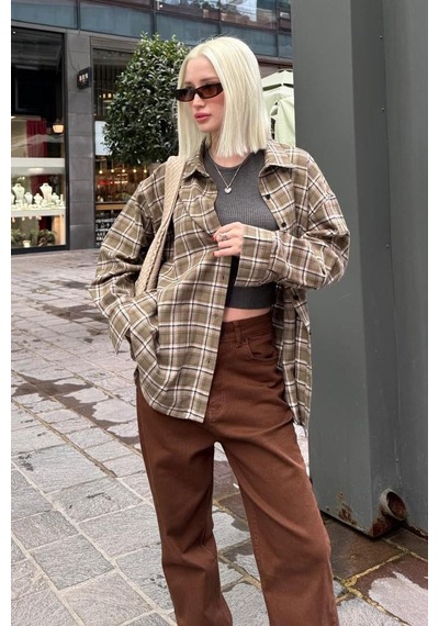 Seeh Haki Oversize Ekose Desenli Kadın Gömlek Sh334 Ekoseli